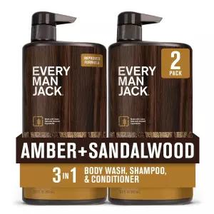 Every Man Jack 3-in-1 남성용 올 오버 바디 워시, 앰버 샌들우드, 2팩 | 모이스처라이징 샴푸 및 컨디셔너