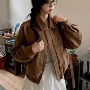 [라일리여성의류] Rly 여성 간절기 가을 긴팔 스웨이드 카라 집업 숏