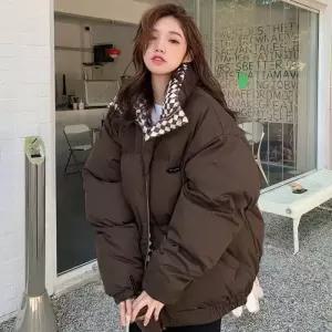 [라일리여성의류] Rly 심플 루즈핏 체크안감 여성패딩 브라운