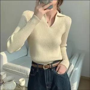 [라일리여성의류] Rly 여성 카라 골지니트 v넥 트임 슬림핏 긴팔 상의