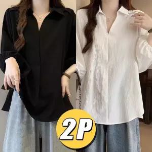 1+1 여성 기본 셔츠 블라우스 빅사이즈 봄여름 브이넥 캐주얼 데일리 상의