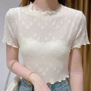 프릴 크롭 레이스 시스루 반팔티 물결ssu722