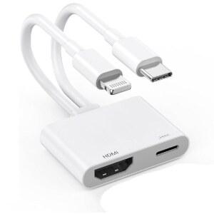 [애플호환 MFI 인증] 폰용 2 IN 1 라이트닝 및 USBC TO HDMI 어댑터 4K@60HZ DVI 타입 C 디지털 AV 어댑터 코드 폰 17 16 15 14 13 12 11 XS XR X 8 HDTV / 프로젝터 모니터