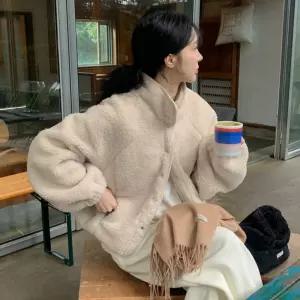 가을 겨울 레트로 여성용 단추 보온 프이즈 자켓 뽀글이 양털 베 아우터