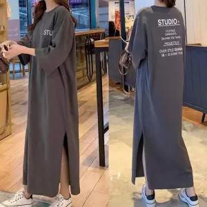 여성 영문 레터링 루즈핏 옆트임 롱원피스 반팔 홈웨어