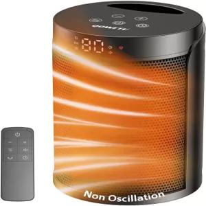 QOWETU 소형 휴대용 1500W 실내용 전기 히터 원격 제어 가능 온도조절기 5가지 모드 12시간 타이머 디지털