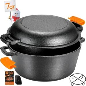 TLGREEN 무쇠 더치오븐 5.1QT 포트 프라이팬 뚜껑 실리콘 홀더 내열 스탠드 포함 야외 캠핑용 모든 열원에