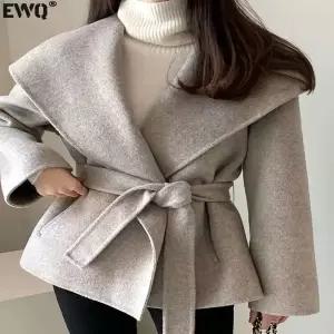 자켓 재킷 EWQ 빅 턴 다운 칼라 긴 양면 캐시미어 코트 레이스 업 여성 겨울 모직 2025 가을 신작 16O2400