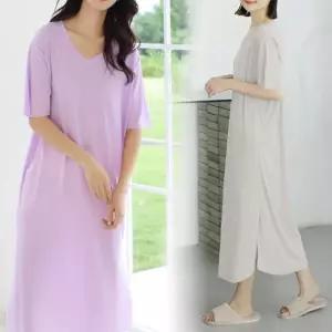 집에서입는옷 쿨링 아이스 시원한 스판 플리츠 V넥 롱 원피스 빅사이즈 휴양지룩