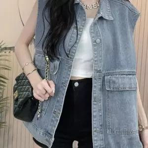 (다올)여성 워싱 청 조끼 데일리 카라 베스트 빈티지 데님