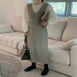 여자 헤링본 나시 롱 치마스커트 가을 원피스_X