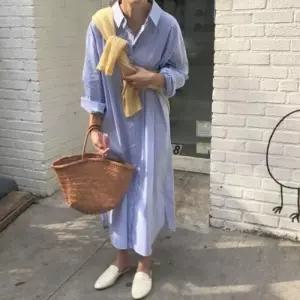 [라일리여성의류] Rly 세로줄 스테디 캐주얼셔츠 롱사이즈 드레스 루즈핏