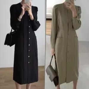 슬림핏 허리선 버튼 포인트 롱 원피스 플레어 드레스