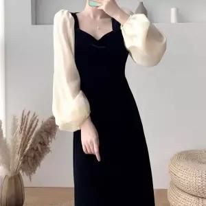 모던 여자 1컬러 시스루 벨벳 롱원피스 브이넥
