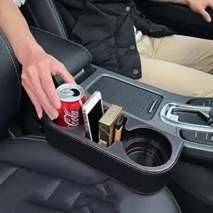 IOKONE 자동차 컵 홀더 PU 가죽 카시트 틈새 메우기 정리함 블랙 콘솔 측면 포켓 앞좌석 음료 범용 착용