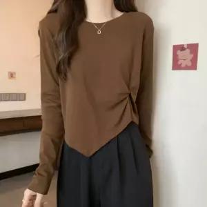 여성 외출 언발란스 스타일 라운드넥 긴팔 롱 슬리브 티셔츠