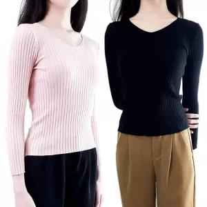 셔츠 여자 가을 봄 니트 레이어드 라운드 슬림 브이넥 니트티 긴팔 골지 V넥