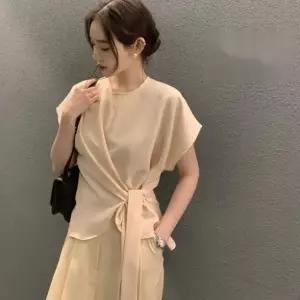 여성 여름 반팔 블라우스 루즈핏 허리 스트랩 셔링 오피스룩