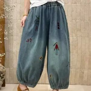 [온마이웨이] 벌룬 와이드 팬츠 빅사이즈 밴딩 자수 데님 통바지