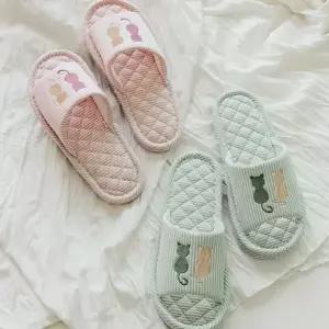실내화 귀여운 패브릭 거실용 고양이 자수 슬리퍼 쿠션 스트라이프 코듀로이 오픈토 사무실 베이직 논슬립