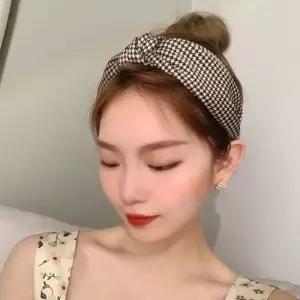 하운드체크 넓은 머리띠 린넨 헤어밴드 꼬임 터번 헤어밴드