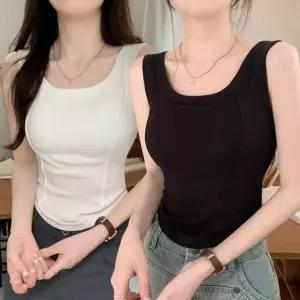 캡 포인트 반팔 반목 노브라티 내장 티셔츠 여성봄 여성 U넥 투라인 디자인 러닝탑
