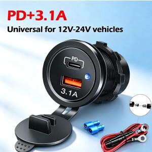방수 듀얼 포트 PD 3.1A 차량용 충전기 소켓 12V-24V 광전압 고속 아울렛 블루 LED 어댑터 (자동차 트럭 AT