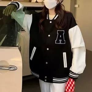 오너클랜 로고 자수 여성 야구점퍼 오버핏 시보리 점퍼 기모안감 소매배색 노카라 똑딱이단추
