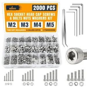 ALBO 2000개 M2-M5 소켓 헤드 캡 스크류 키트 304 스테인리스 스틸 맞춤 너트 와셔 육각 렌치 핀셋 포함