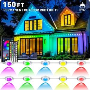 150FT 영구 실외 RGB 조명 - 방수 스마트 LED 처마 앱/원격 제어 음악 동기화 및 DIY 장면 크리스마스