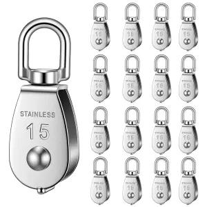 16개 세트 M15 단일 풀리 블록 304 스테인리스 스틸 로프 롤러 및 케이블 중장비용 스위블 후크 와이어