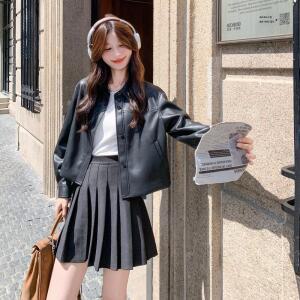 청수정 여성 블랙 쇼트 에코 가죽 코트 가을 쿨링 빈티지 터틀넥 재킷 KS