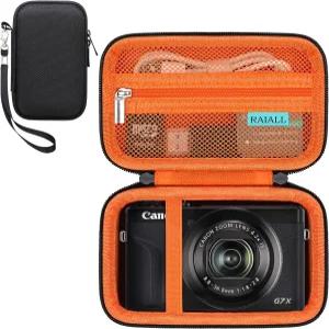 RAIALL 캐논 PowerShot G7 X Mark III/II 카메라 케이스 하드 보호 여행용 가방 블랙+오렌지