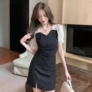 피로연 반팔 원피스 프릴 정장 하객 쉬폰 셔링 미니