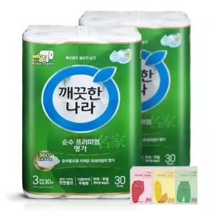 깨끗한나라 순수 프리미엄 명가화장지(지폭 107mm) 3겹 30m 30롤 2팩+포켓티슈 10매 3개