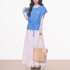 모두팜 여성 니트 톱 + 플라워 망사 + 롱 스커트 MOC