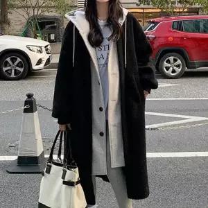 [라일리여성의류] Rly 여성 뽀글이 후리스 후드 블랙 롱 코트 겨울 아