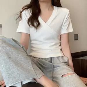 반팔티 셔링 무지 여름 랩 여자 스판 봄 브이넥