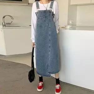 여성 언발란스 멜빵 치마 데님 롱원피스