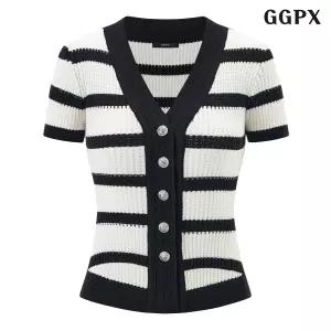 GGPX 데일리 단가라 브이넥 진주 반팔 니트 가디건 GQBCK014D