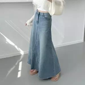 여자 청치마 플레어 A라인 컷팅 데님 롱스커트 979908