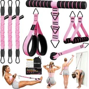 손잡이가 있는 페달 저항 밴드 10개 세트 30/40/50LBS 도어 앵커 키트 핑크 복근 허리 팔 코어/ABS 다리