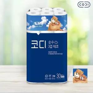 [보리보리/땡큐온]코디 순수 도톰 3겹데코 30M 30롤 x1팩 무향무잉크