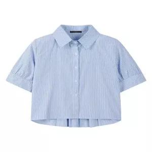 [르샵]플리츠 카라 스트라이프 반팔 블라우스 (DQ2BA050A)