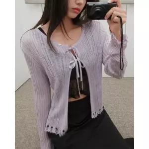 [모어렌] [MADE] 밋트 시스루 데미지 스트랩 가디건