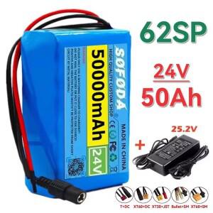 새로운 24V 6S2P 50Ah 18650 충전식 리튬 이온 배터리 팩(BMS 포함) 캠핑 장비용+옵션 커넥터+2A
