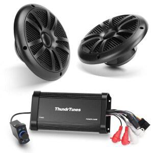 THUNDRTUNES 마린 파워스포츠 블루투스 앰플리파이어 오디오 시스템 블랙 스피커 2개 포함 CLASS D 60W X 4채널 스위치 마운트 오토바이 UTV ATV 보트에 적합