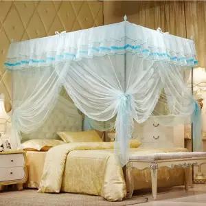 UOZI BEDING 4 코너 포스트 터쿼이즈 캐노피 침대 커튼 트윈 귀여운 아늑한 드레이프 스퀘어 네팅 오프닝