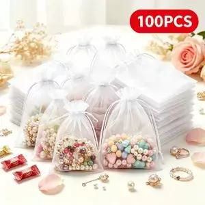 100pcs 화이트 Organza Drawstring 선물 주머니 보석 사탕 결혼식 크리스마스 생일 파티 포장을위한 얇은