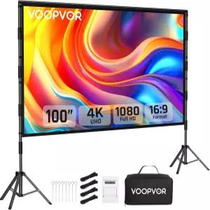 VOOPVOR 100인치 프로젝터 스크린 스탠드 포함 휴대용 실내 영화 안정적인 사각 튜브 있는 디자인 빠른